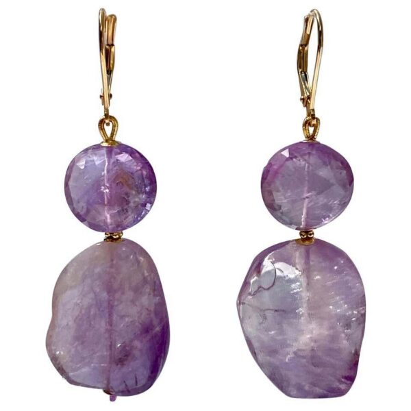 Amethyst and Solid 14k Yellow Gold Dangle Lever Back Earrings
