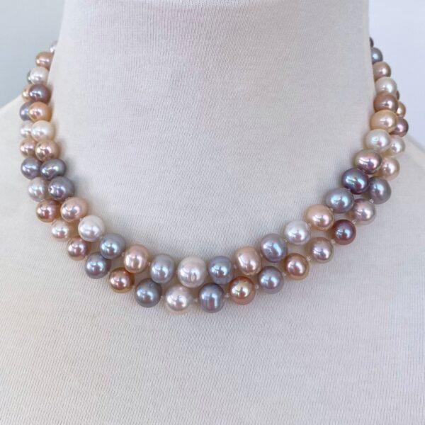Multi Colored Two Strand Pearl Necklace with Solid 14k Gold Clasp