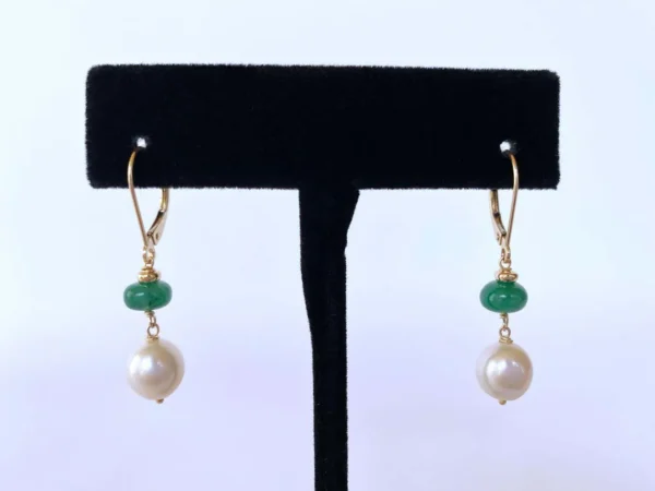 Emerald, Pearl and 14k Yellow Gold Lever Back Earrings