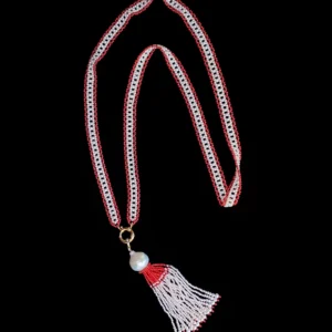 Fine Woven Coral & Pearl Satuoir with Baroque Tassel & 14k Yellow Gold