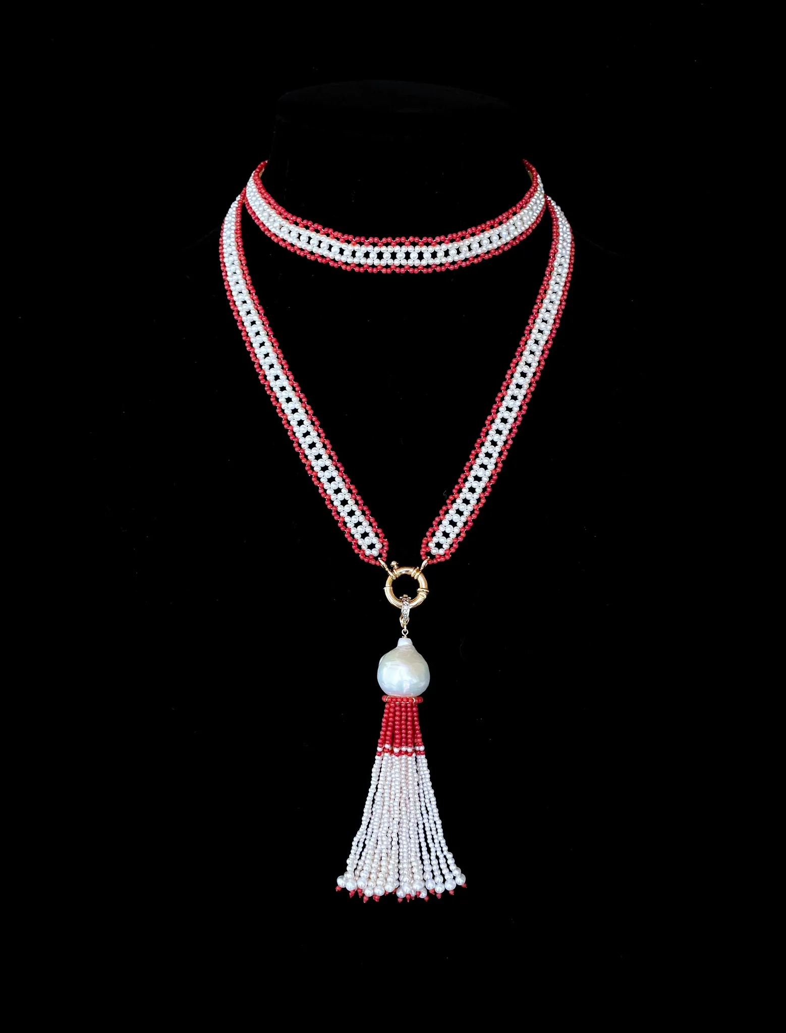 Fine Woven Coral & Pearl Satuoir with Baroque Tassel & 14k Yellow Gold - Image 2