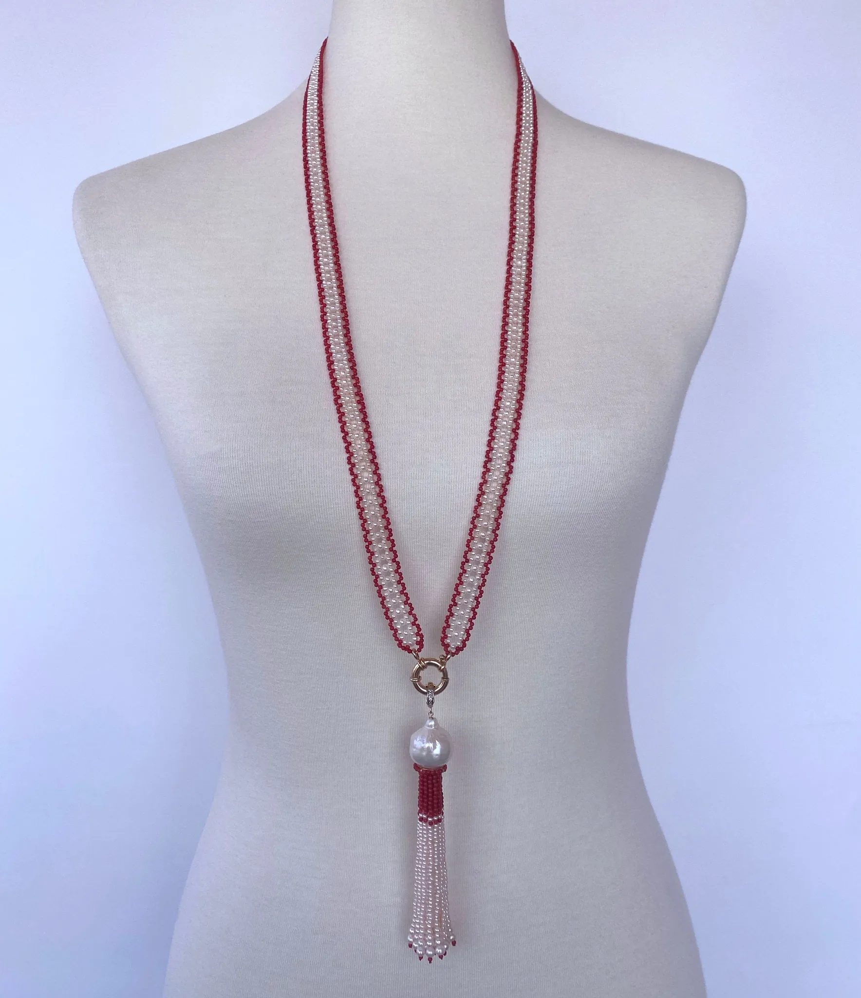 Fine Woven Coral & Pearl Satuoir with Baroque Tassel & 14k Yellow Gold - Image 4