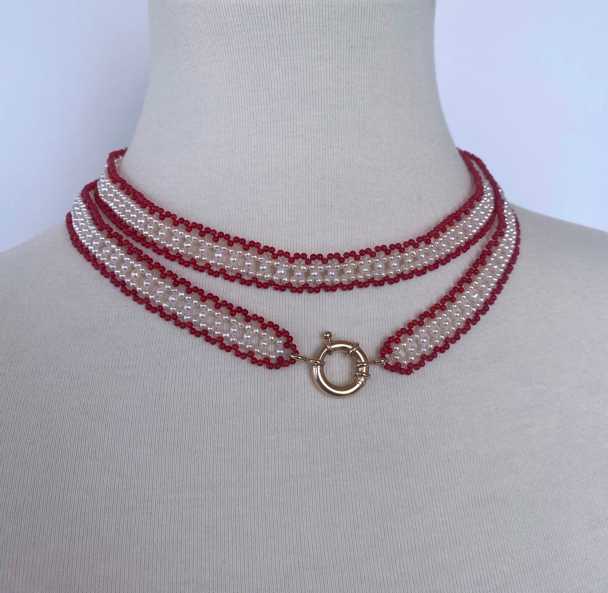 Fine Woven Coral & Pearl Satuoir with Baroque Tassel & 14k Yellow Gold - Image 6