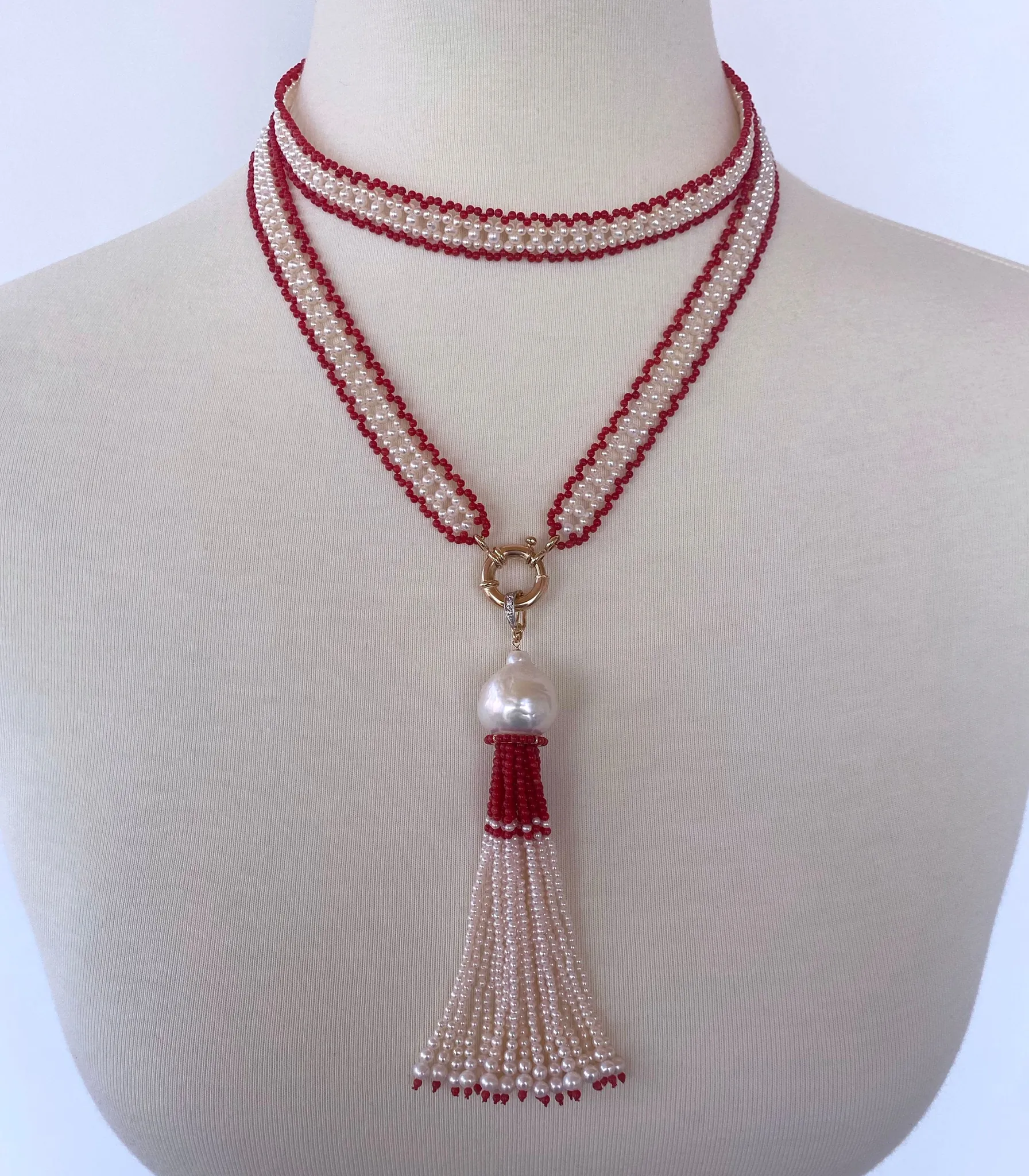 Fine Woven Coral & Pearl Satuoir with Baroque Tassel & 14k Yellow Gold - Image 8