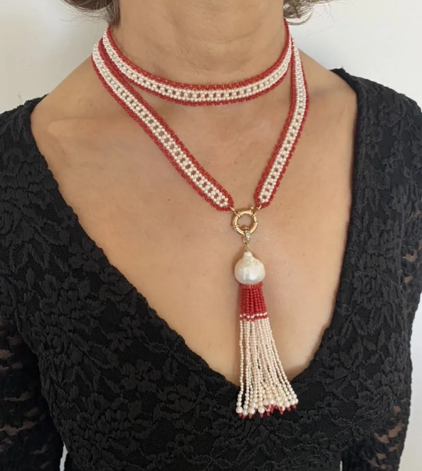 Fine Woven Coral & Pearl Satuoir with Baroque Tassel & 14k Yellow Gold - Image 11