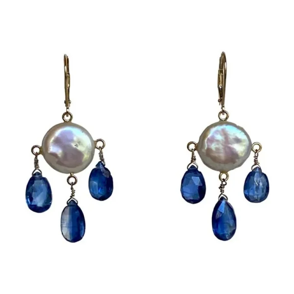Flat Coin Pearl and Kyanite Drop Earrings with 14k Yellow Gold