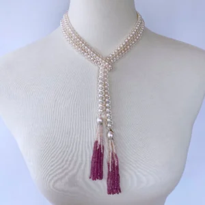 Graduate Pearl Sautoir with Pink Sapphire Tassels and 14k Yellow Gold