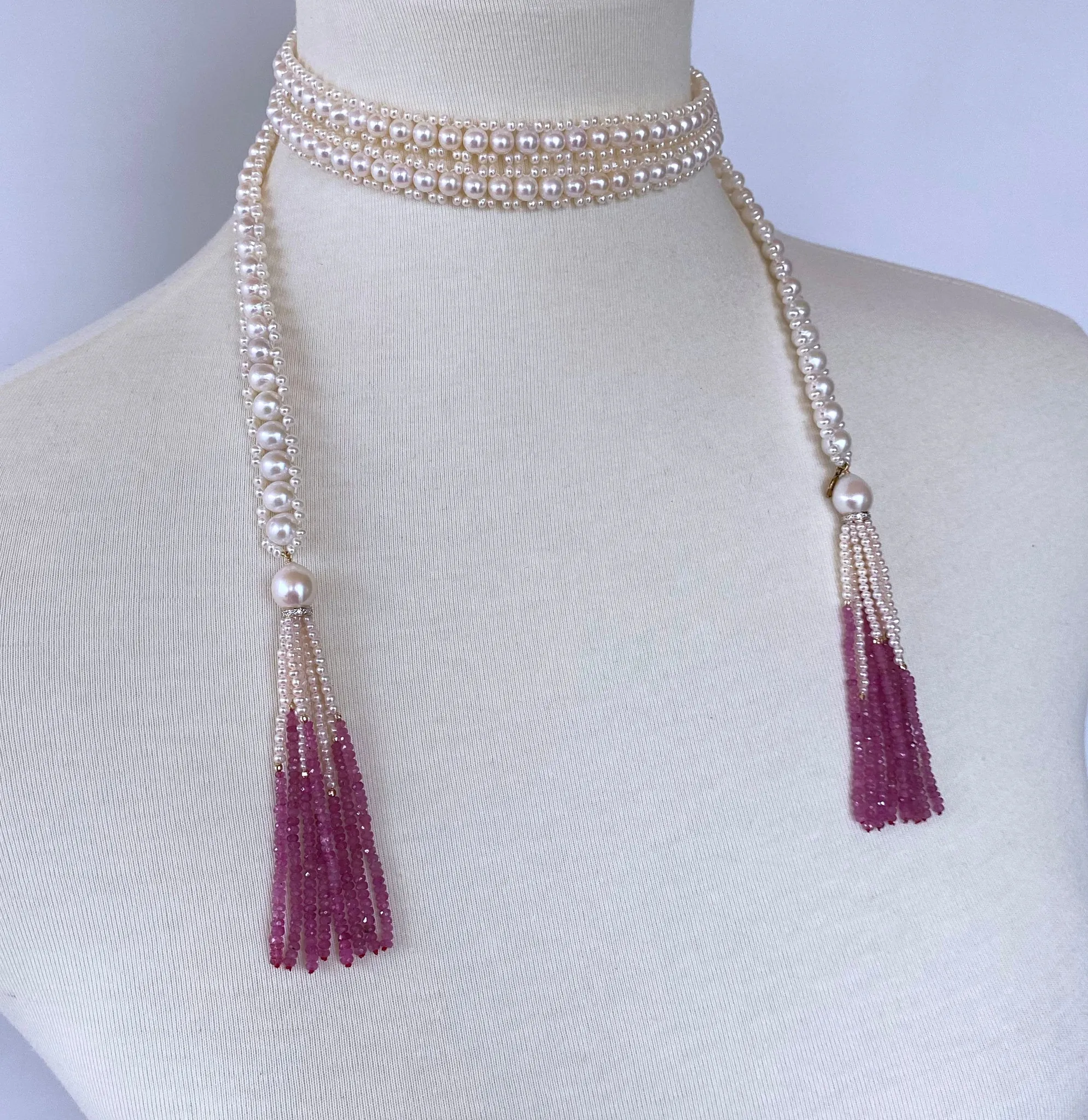 Graduate Pearl Sautoir with Pink Sapphire Tassels and 14k Yellow Gold - Image 2