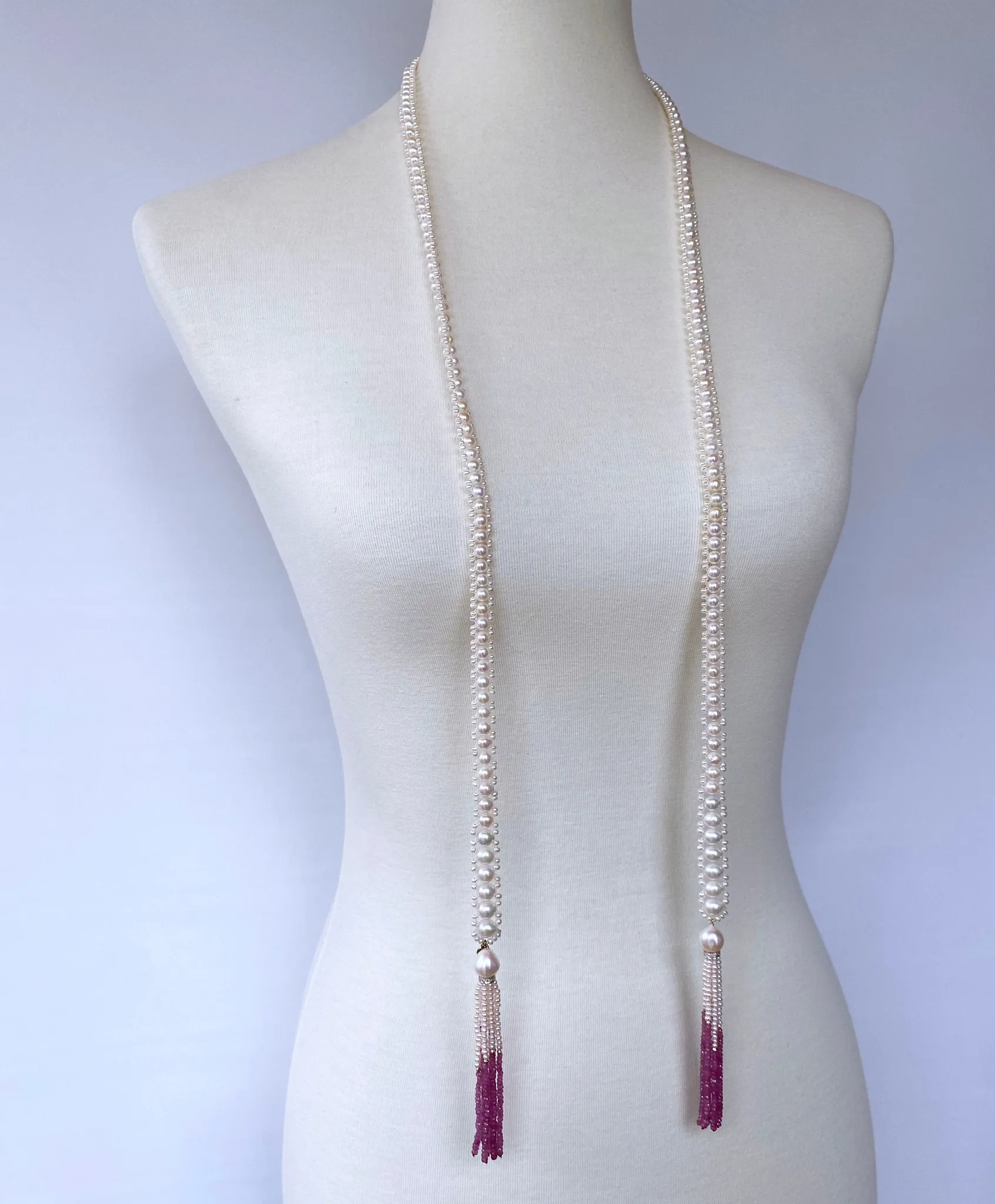 Graduate Pearl Sautoir with Pink Sapphire Tassels and 14k Yellow Gold - Image 3