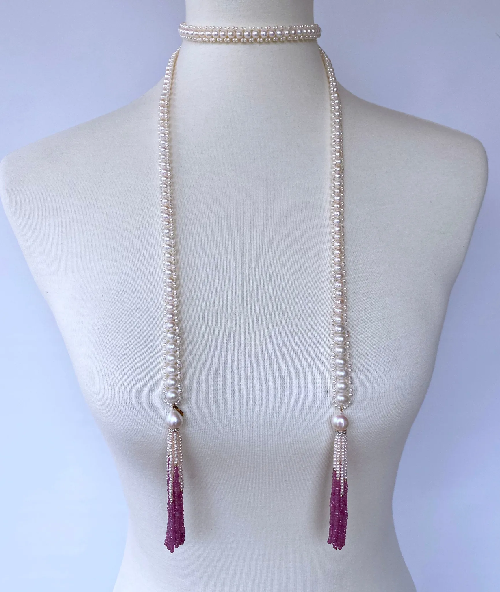 Graduate Pearl Sautoir with Pink Sapphire Tassels and 14k Yellow Gold - Image 5