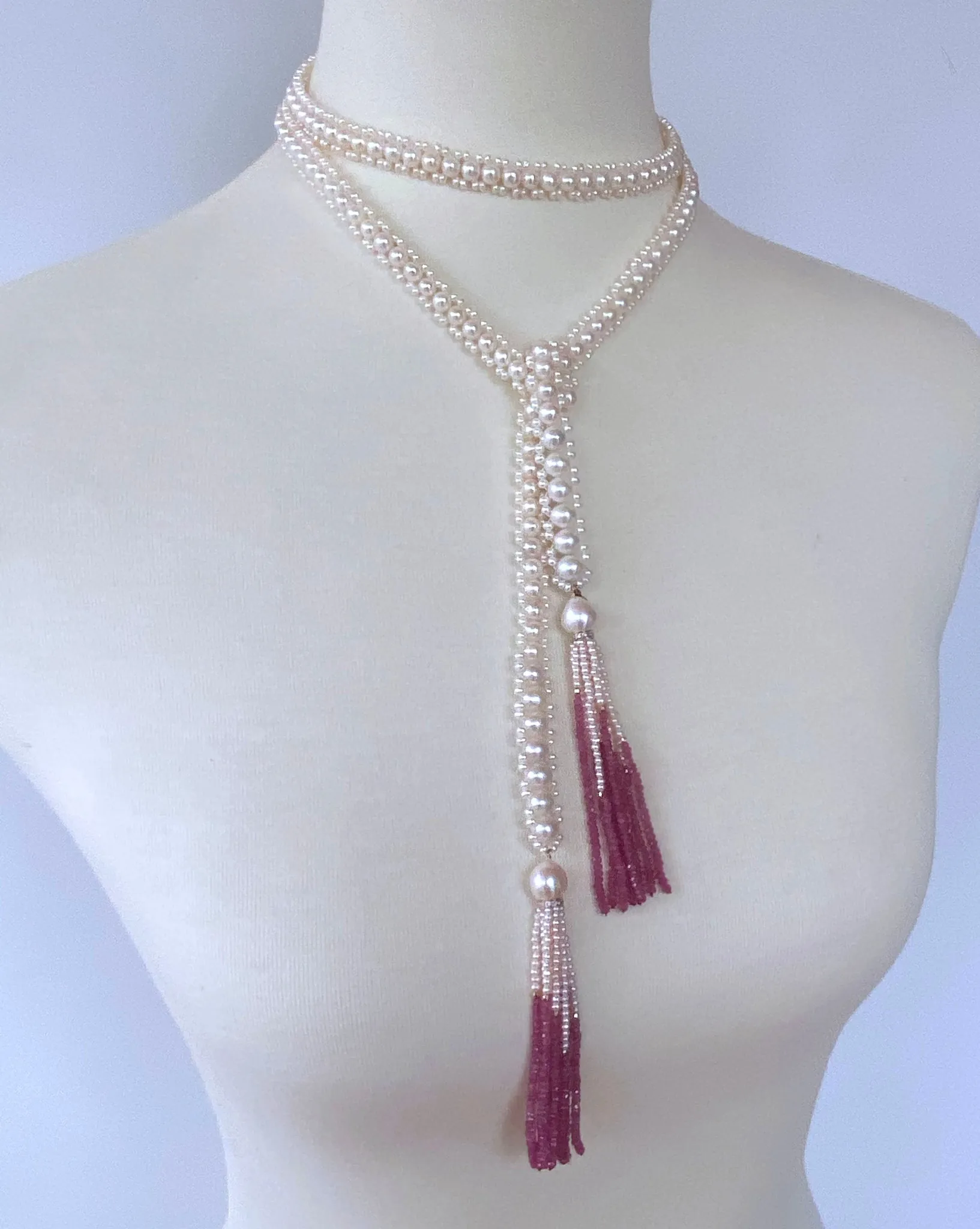 Graduate Pearl Sautoir with Pink Sapphire Tassels and 14k Yellow Gold - Image 6