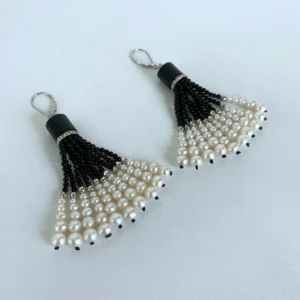 Graduated Black Onyx & Pearl Tassel Earrings 14K White Gold & Diamonds