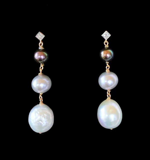 Graduated Diamond, 14k and Pearl Ombre Earrings