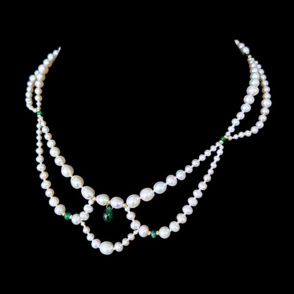 Graduated & Draped Pearl & Emerald Necklace with 14k