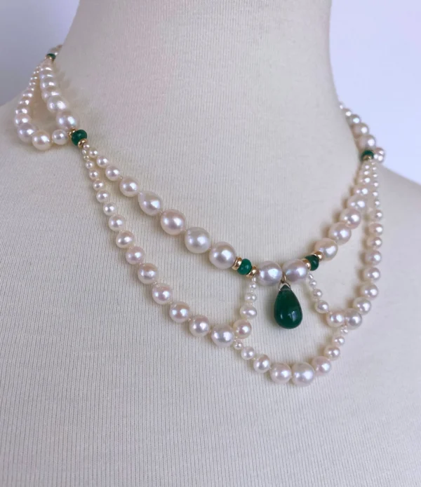 Graduated & Draped Pearl, Emerald Necklace with 14K Yellow Gold