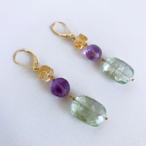 Graduated Multi Gem Citrine & Amethyst Earrings with 14K Yellow Gold