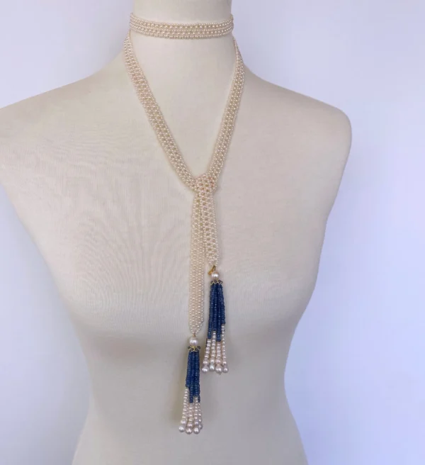 Graduated Pearl & Blue Sapphire Sautoir with 14k Yellow Gold