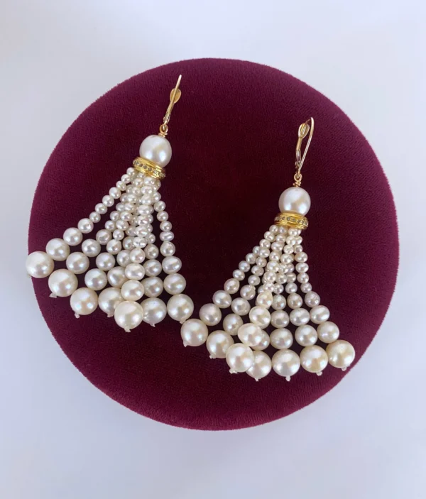 Graduated Pearl Earrings with Diamonds & 14k Yellow Gold