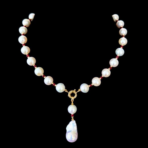 Ruby, Pearl & 14k Necklace with Pearl Drop
