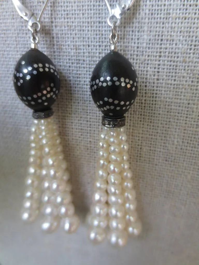 Graduated Pearl Tassel Earrings & Silver Inlay on Vintage Wooden Beads - Image 2