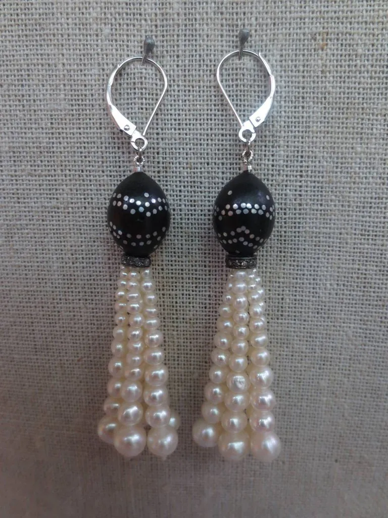 Graduated Pearl Tassel Earrings & Silver Inlay on Vintage Wooden Beads - Image 3