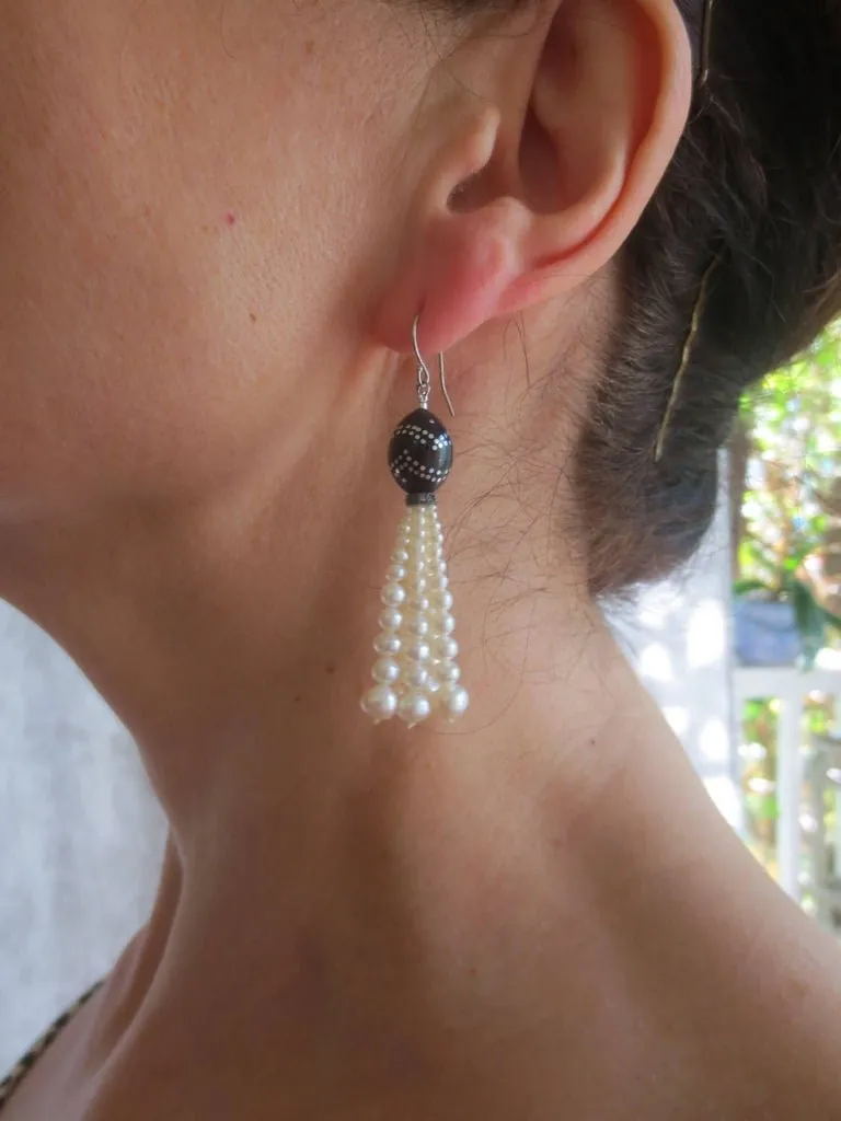 Graduated Pearl Tassel Earrings & Silver Inlay on Vintage Wooden Beads - Image 4