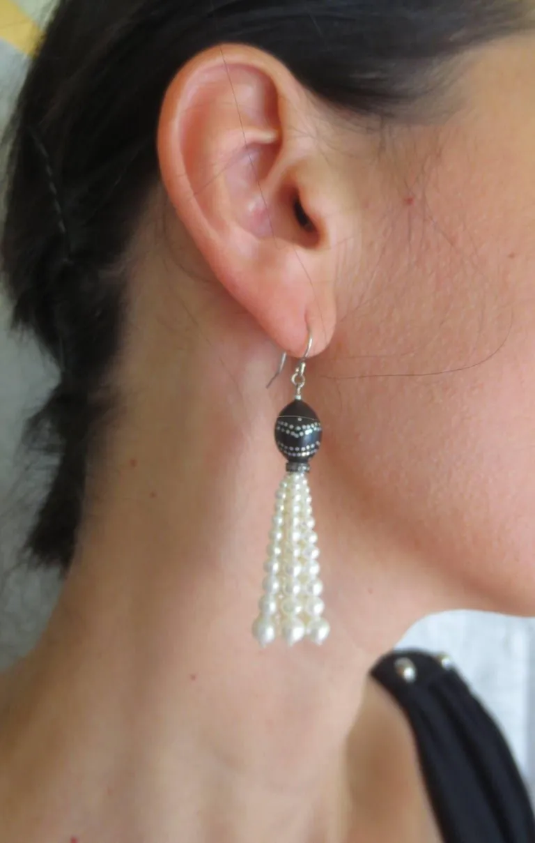 Graduated Pearl Tassel Earrings & Silver Inlay on Vintage Wooden Beads - Image 5
