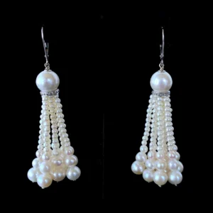 Graduated Pearl Tassel Earrings with Diamond Encrusted 14k White Gold