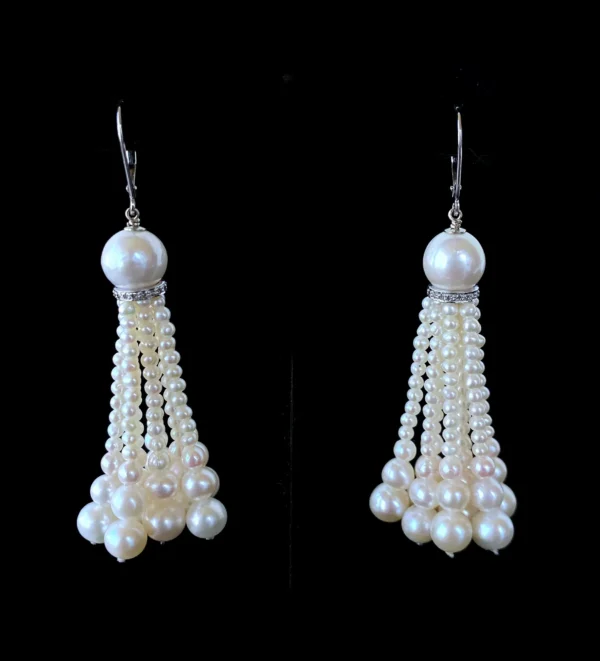 Graduated Pearl Tassel Earrings with Diamond Encrusted 14k White Gold
