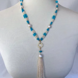Graduated Pearl, Turquoise & 14k Yellow Gold Sautoir with Tassel