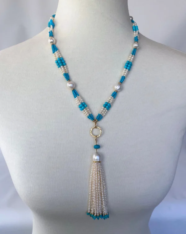 Graduated Pearl, Turquoise & 14k Yellow Gold Sautoir with Tassel