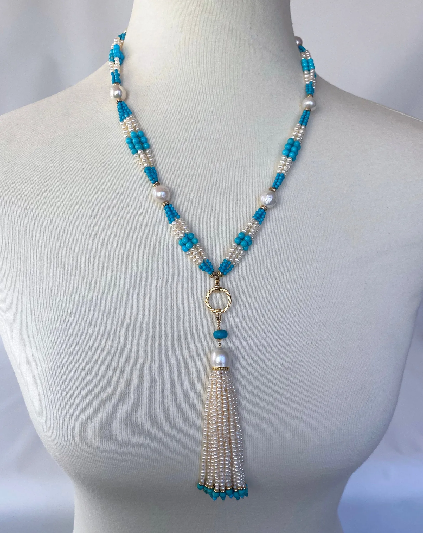 Graduated Pearl, Turquoise & 14k Yellow Gold Sautoir with Tassel
