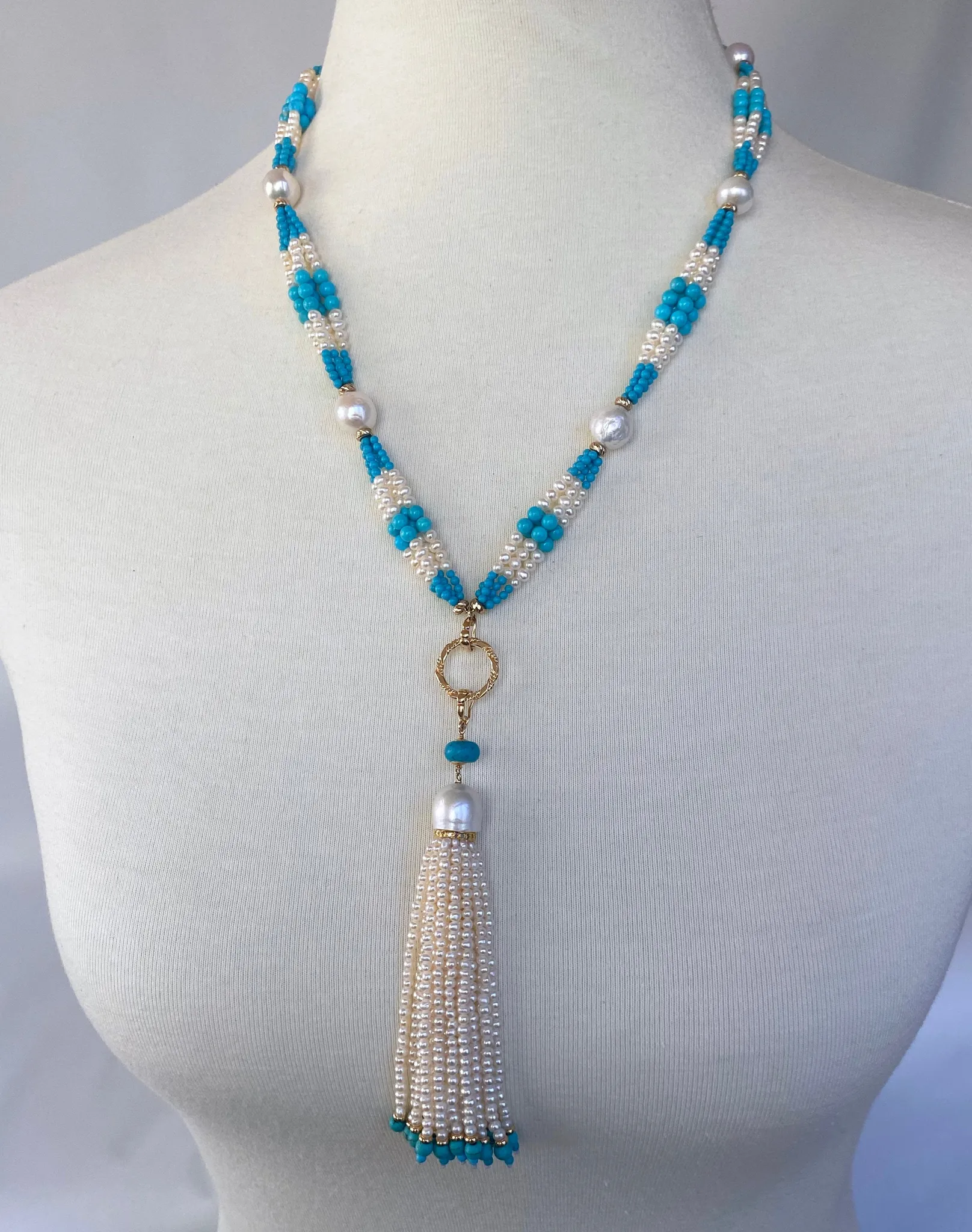 Graduated Pearl, Turquoise & 14k Yellow Gold Sautoir with Tassel - Image 2