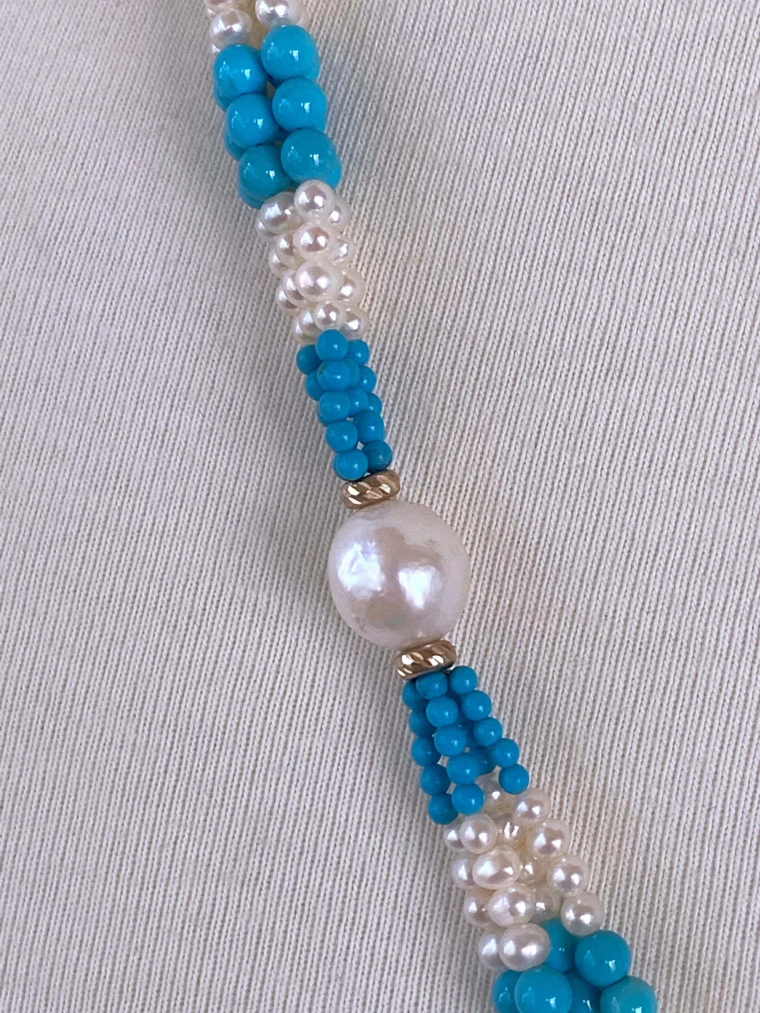 Graduated Pearl, Turquoise & 14k Yellow Gold Sautoir with Tassel - Image 3