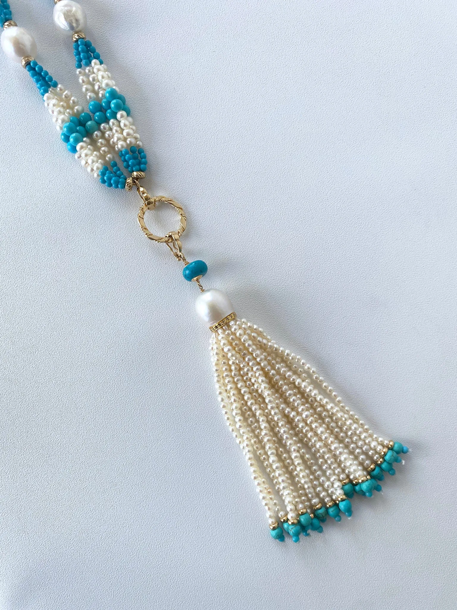 Graduated Pearl, Turquoise & 14k Yellow Gold Sautoir with Tassel - Image 4
