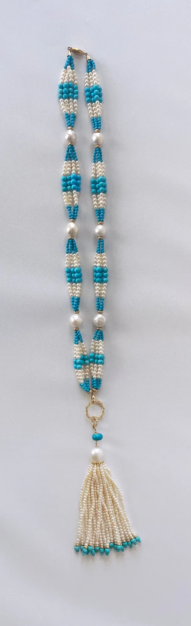Graduated Pearl, Turquoise & 14k Yellow Gold Sautoir with Tassel - Image 5