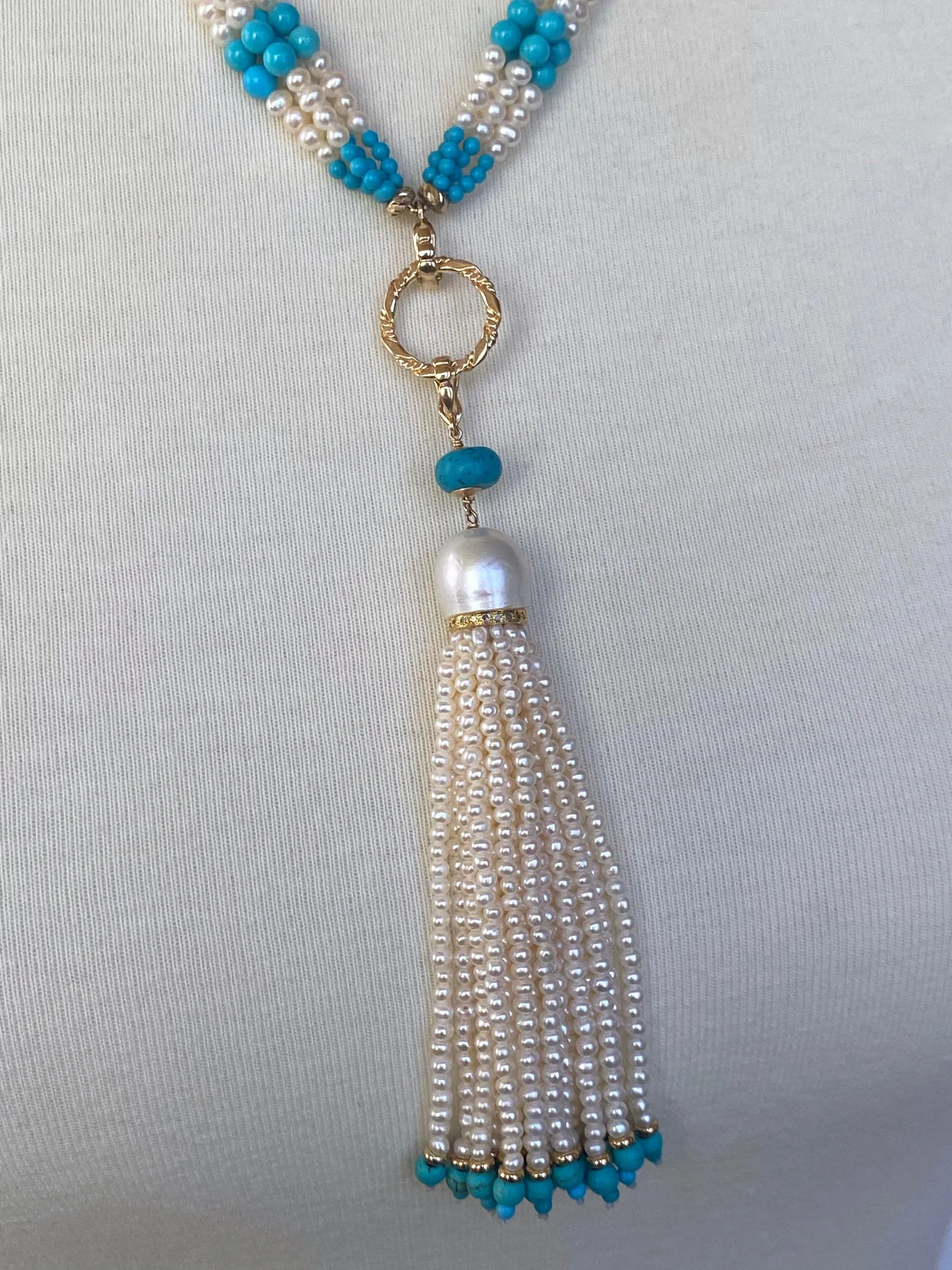 Graduated Pearl, Turquoise & 14k Yellow Gold Sautoir with Tassel - Image 6