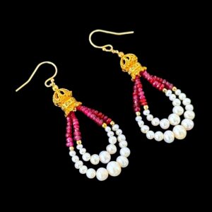Graduated Ruby, Pearl & 18k Plated Dangle Earrings