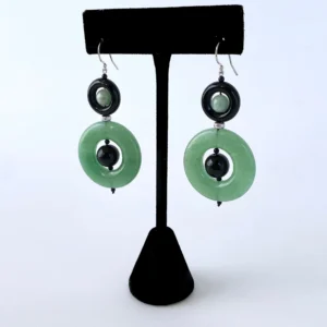 Green Jade & Black Onyx Dangle Earrings with solid 14k White Gold Hooks