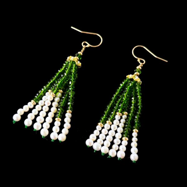 Green Tsavorite, Pearl & 14k Tassel Earrings