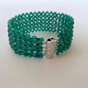 Hand Woven Green Onyx beads Bracelet with Rhodium Plated Silver clasp