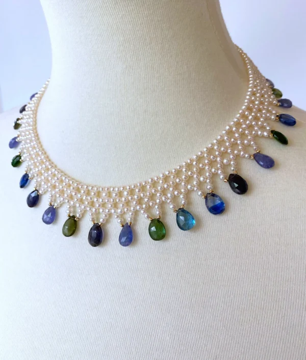 Hand Woven Multi Jewel and Pearl Necklace with 14K Yellow Gold