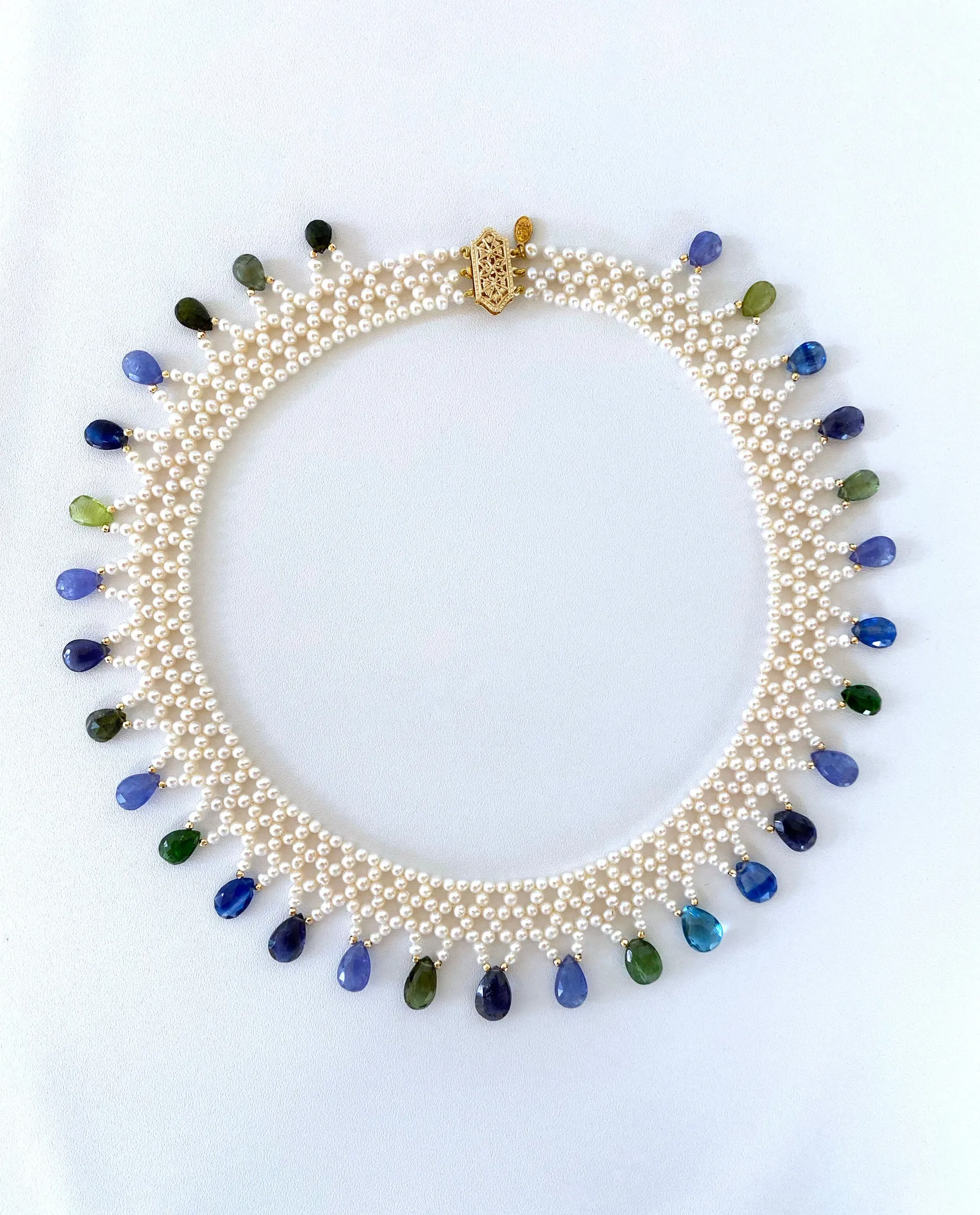 Hand Woven Multi Jewel and Pearl Necklace with 14K Yellow Gold - Image 2