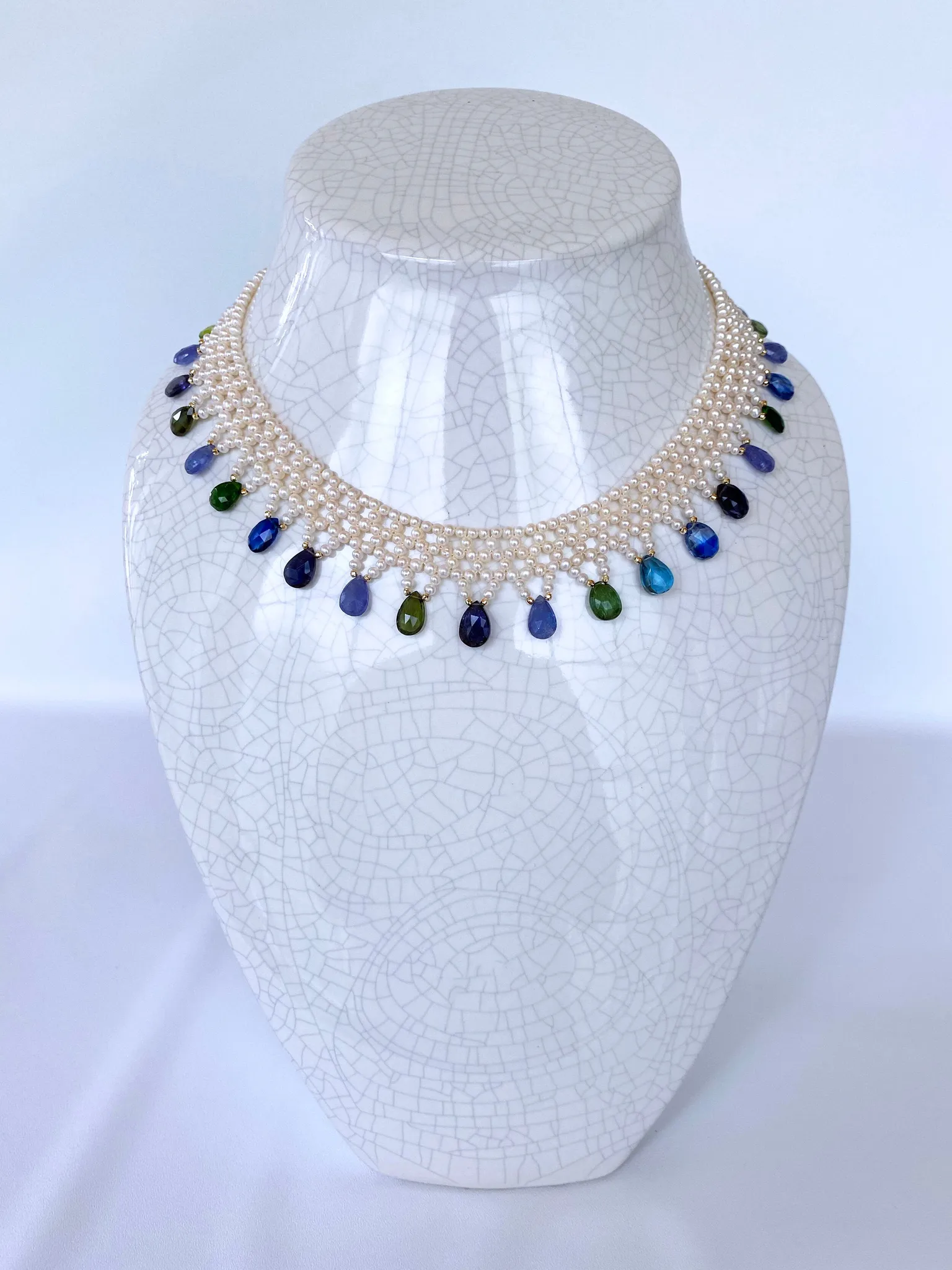 Hand Woven Multi Jewel and Pearl Necklace with 14K Yellow Gold - Image 3