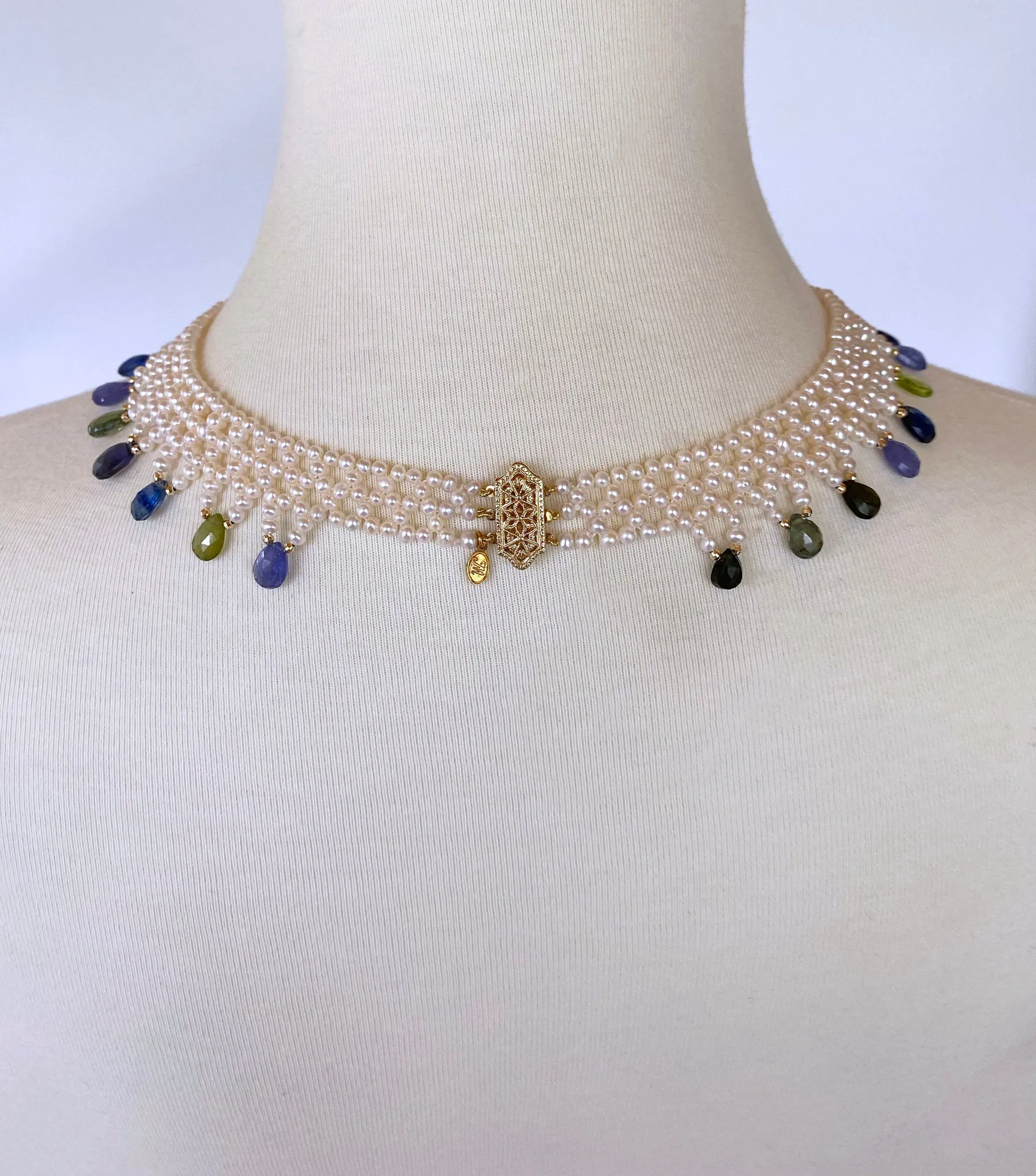 Hand Woven Multi Jewel and Pearl Necklace with 14K Yellow Gold - Image 4