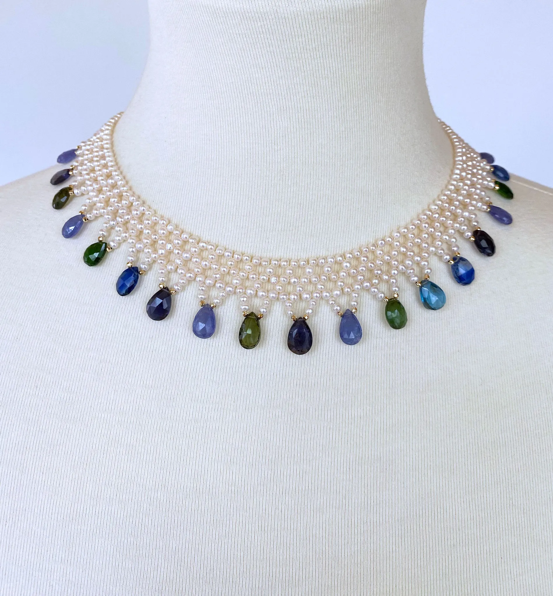 Hand Woven Multi Jewel and Pearl Necklace with 14K Yellow Gold - Image 5