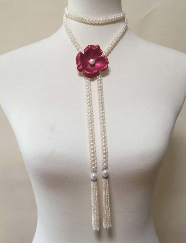 Intricately Woven Pearl Sautoir with Pearl Tassels Diamond roundels