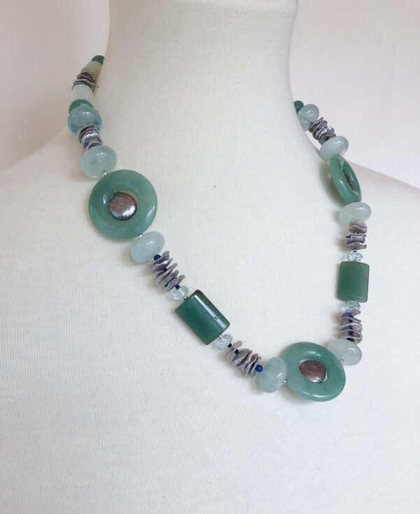 Jade, Aquamarine, Aventurine & Grey Pearl Necklace