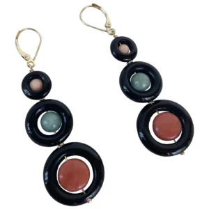 Jade, Coral, Black Onyx & solid 14k Yellow Gold Lever Back Earrings