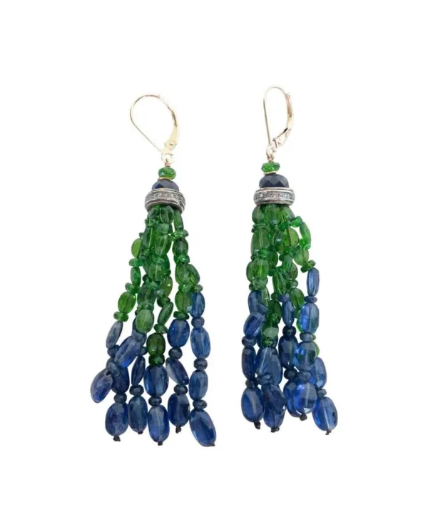 Kyanite, Sapphire, Tsavorite Tassel Earrings with 14K Yellow Gold